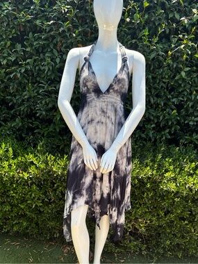 Asymmetrical Tie-Dye Halter Dress - navy/white